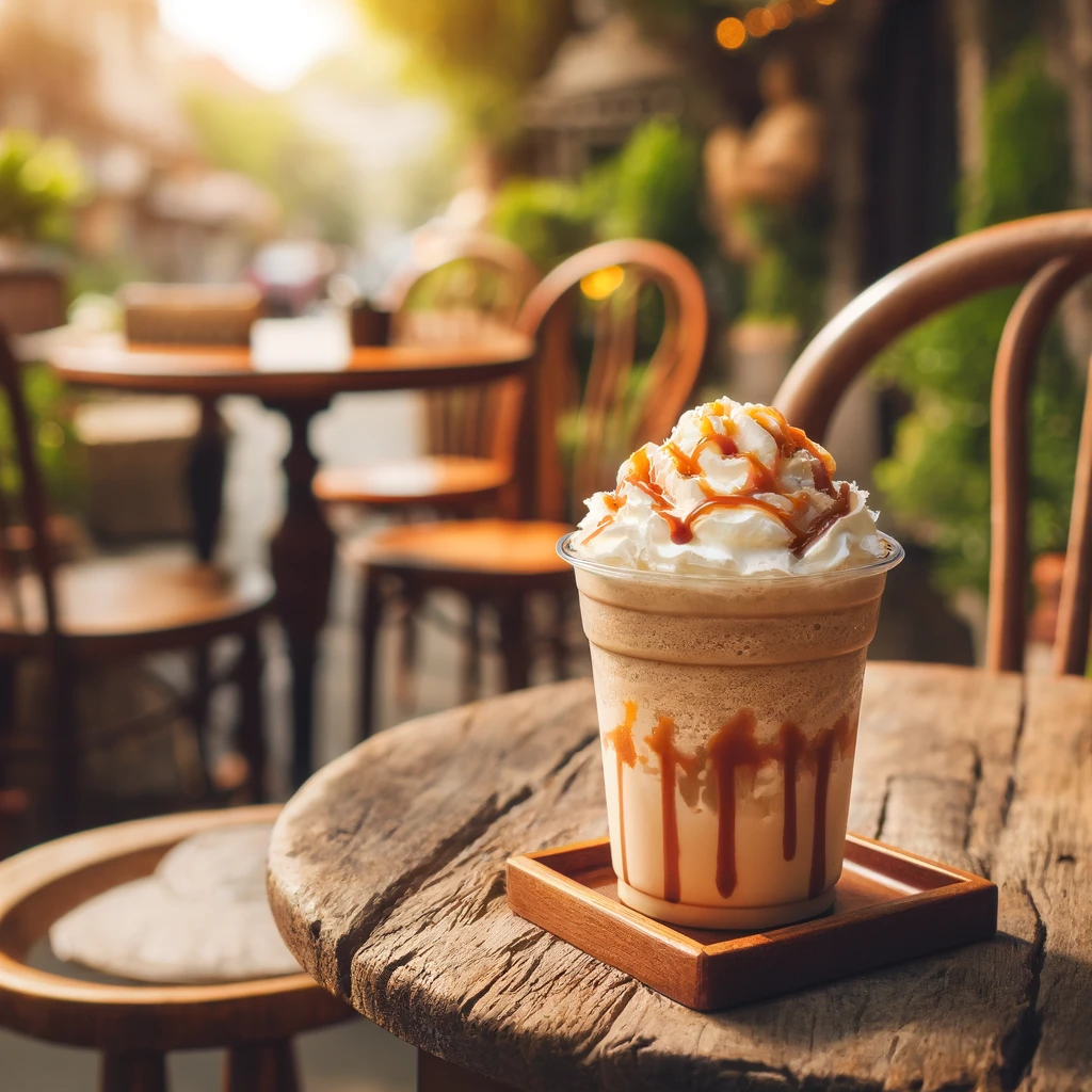 frappuccino in plastic cup on a wooden bistro table in outdoor cafe